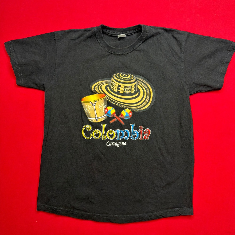 Colombia Cartagena Souvenir Graphic T-Shirt Mens Medium Black Sombrero Maracas